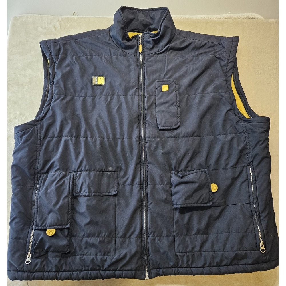 Vintage Disney Store Mickey Mouse Utility‎ Vest XL Navy Yellow Fleece Lined
